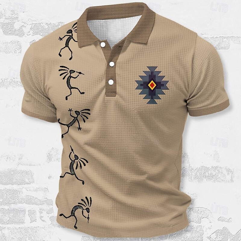Men's Tribal Waffle Polo Shirts Golf Shirt Short Sleeve Polo Shirts Collared Shirts Vacation Wear Party Outfits Buttons 3D Print Summer Spring Khaki