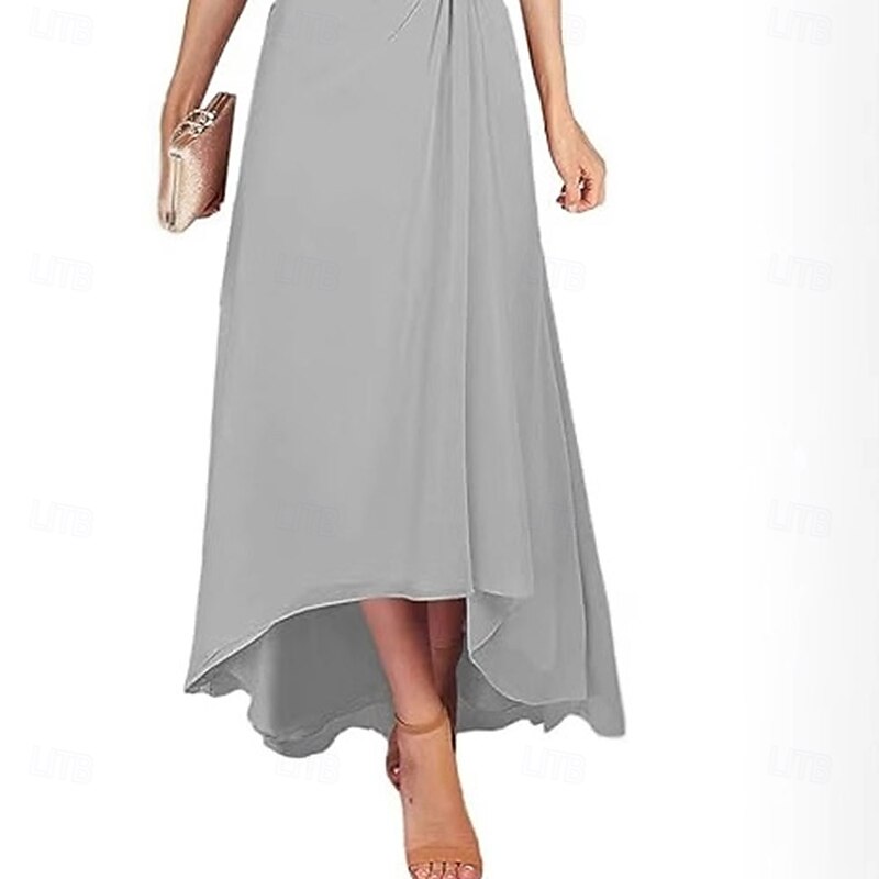 A-Line Mother of the Bride Dress Elegant Simple V Neck Asymmetrical Chiffon Short Sleeve with Solid Color