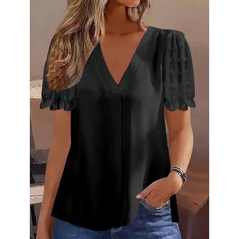 Women's T Shirt Solid Color Casual Short Sleeve V Neck Regular Tops Daily Black White Summer2