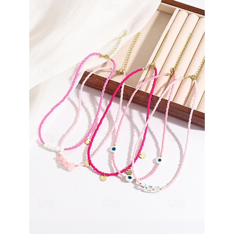 Women's Colorful Beaded Layered Necklace Set – Boho Evil Eye, Pearl, and Charm Accents – Adjustable Summer Jewelry for Teens and Young Women – Ideal for Beach, Festivals and Casual Wear3