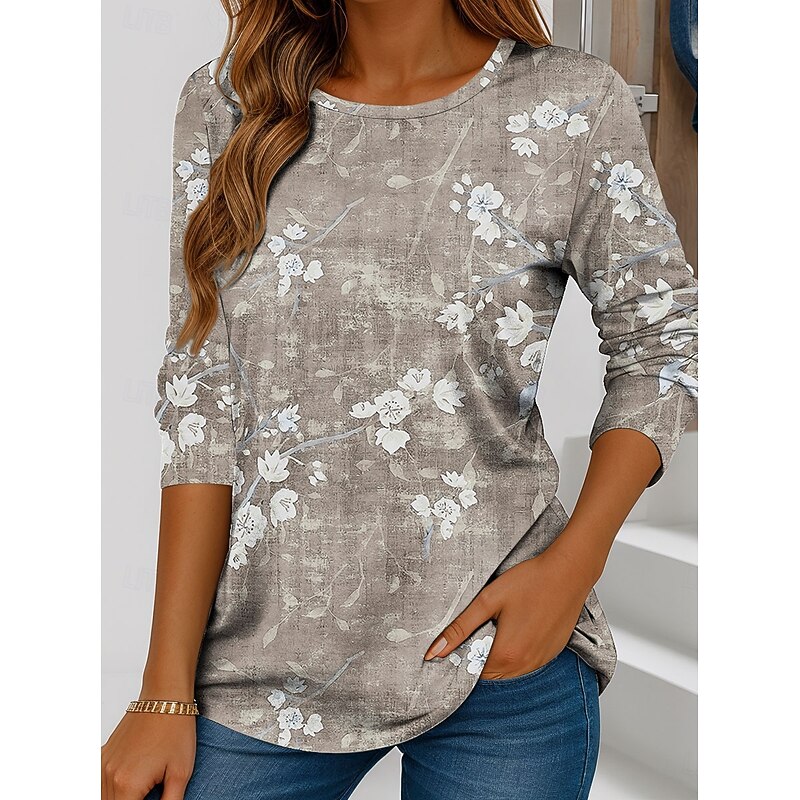 Women's T shirt Long Sleeve Casual Print Regular Tops Daily Blue Green Khaki Spring Fall Prefall
