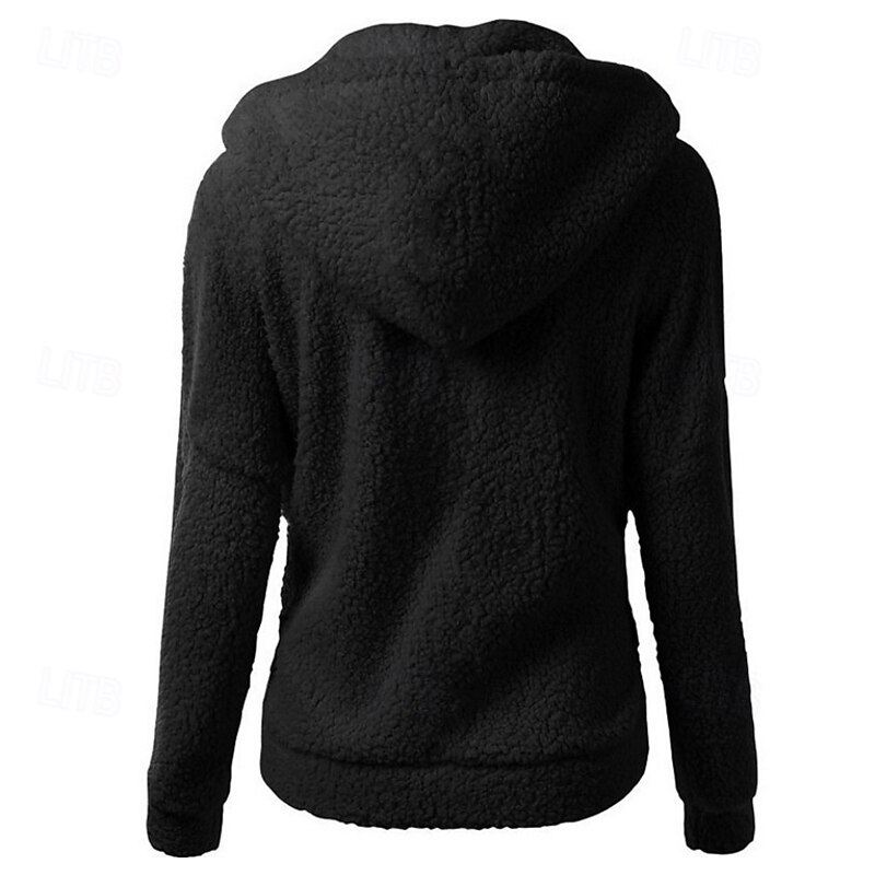 Women's Fleece Jacket Hoodie Jacket Warm Comfortable Zipper Pocket Elegant Fashion Outdoor Solid Color Going out Casual Daily Weekend Zipper Regular Hooded Regular Fit Long Sleeve Outerwear Black4