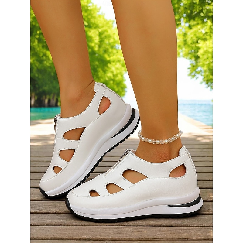 Women's White Sport Sandals with Cutout Design, Zip-Up Lightweight Shoes for Comfort Walks, Active Travel and Daily Errands2