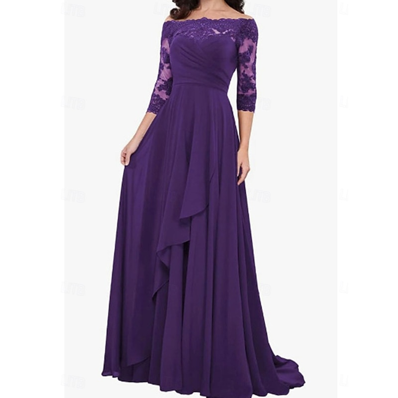 A-Line Mother of the Bride Dress Elegant Simple Off Shoulder Floor Length Chiffon 3/4 Length Sleeve with Solid Color