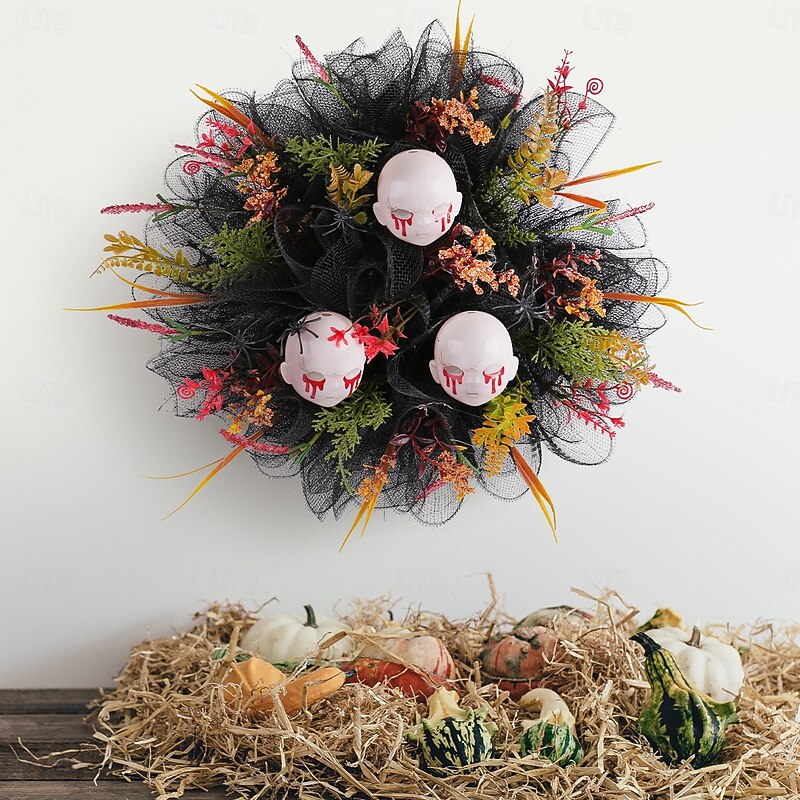 Halloween Wreath for Front Door Indoor Outdoor Decoration, Mesh Skull Ghost Doll Wreath, Spooky Gothic Skull Head Door Hanger, Halloween Party Decoration Prop4