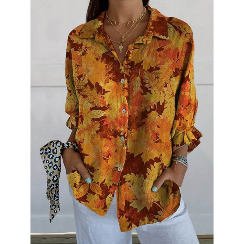 Women's Blouse Floral Daily Stylish Long Sleeve Shirt Collar Regular Tops Daily Holiday Buttons Print Orange Green Summer