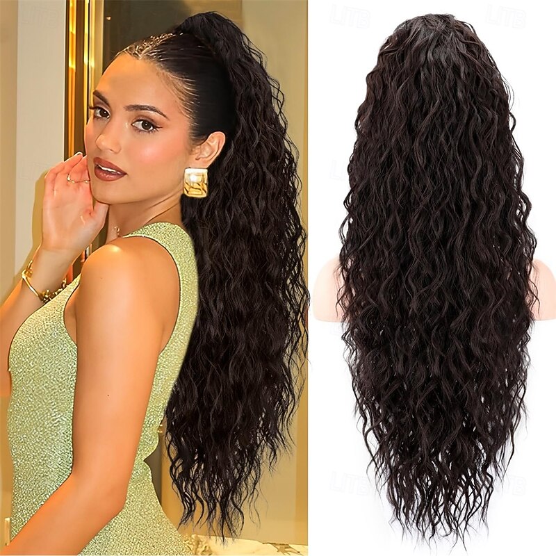 Ponytail Extension Claw Clip Ponytail Extension 26 Inch Long Dark Brown Curly Clip in Pony Tails Hair Extensions Synthetic Layered Fluffy Hairpieces for Women - Main Image