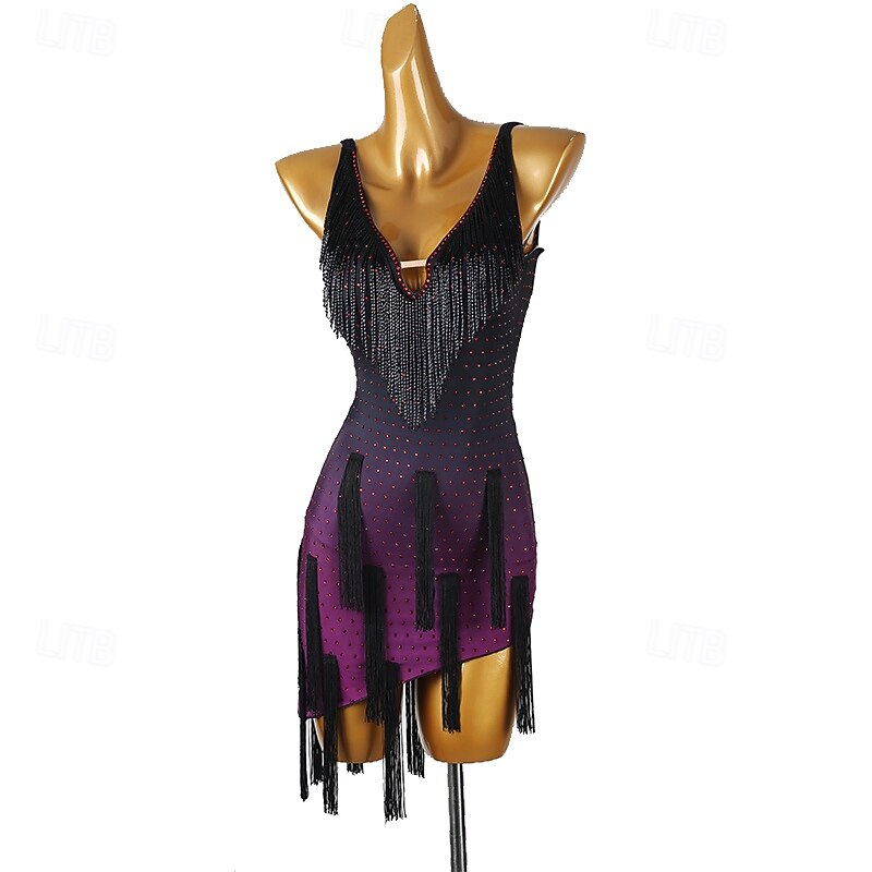 Latin Dance Dress Tassel Crystals / Rhinestones Sequins Women's Performance Party Sleeveless Chinlon Spandex4