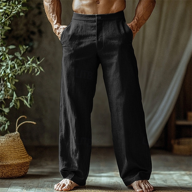 Men's Linen Pants Trousers Summer Pants Beach Pants Buttons Pocket Straight Leg Plain Comfort Breathable Vacation Daily Holiday Hawaiian Boho Black White4