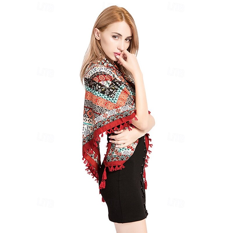 Women's Boho Square Scarf with Tassels – Lightweight Blended Cotton Ethnic Print Shawl for Casual Outfits, Travel and Festivals4