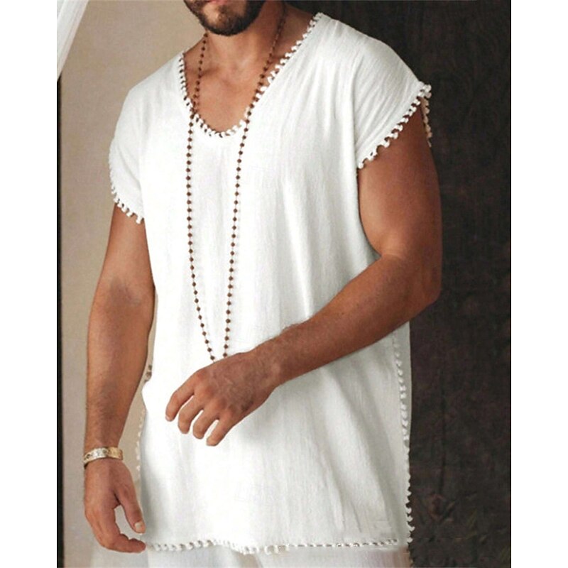 Men's Tank Top Vest Top Undershirt Sleeveless Shirt Sleeveless V Neck Summer Plain Fashion Designer Basic Tassel Vacation Street Going out Black White Top Tee for Men