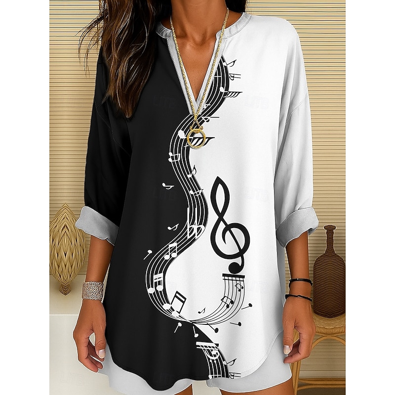 Music Festival Women's Blouse Tunic V Neck Long Sleeve Boho Casual Tops Graphic Geometric Elegant Vintage Tropical Regular Tops Daily Print Black And White Black4