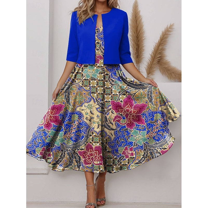 Women's Two Piece Dress Sets Midi Dress with Jacket Elegant A Line Dress Half Sleeve Party Semi Formal Floral Graphic Print V Neck Party Wedding Guest Black Blue Purple Regular Fit4