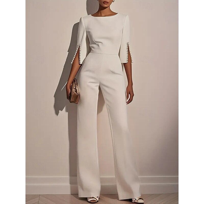 Women's Jumpsuit Casual Solid Color 3/4 Length Sleeve Straight Round Neck Beaded High Waist Daily Going out Regular Fit Black White Pink Summer