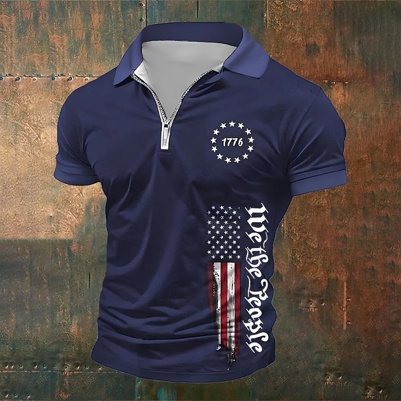 American Independence Day Men's American US Flag Polo Shirts Quarter Zip Polo Golf Shirt Short Sleeve Polo Shirts Lapel Fashion Casual Daily Festival Print Summer Navy Blue