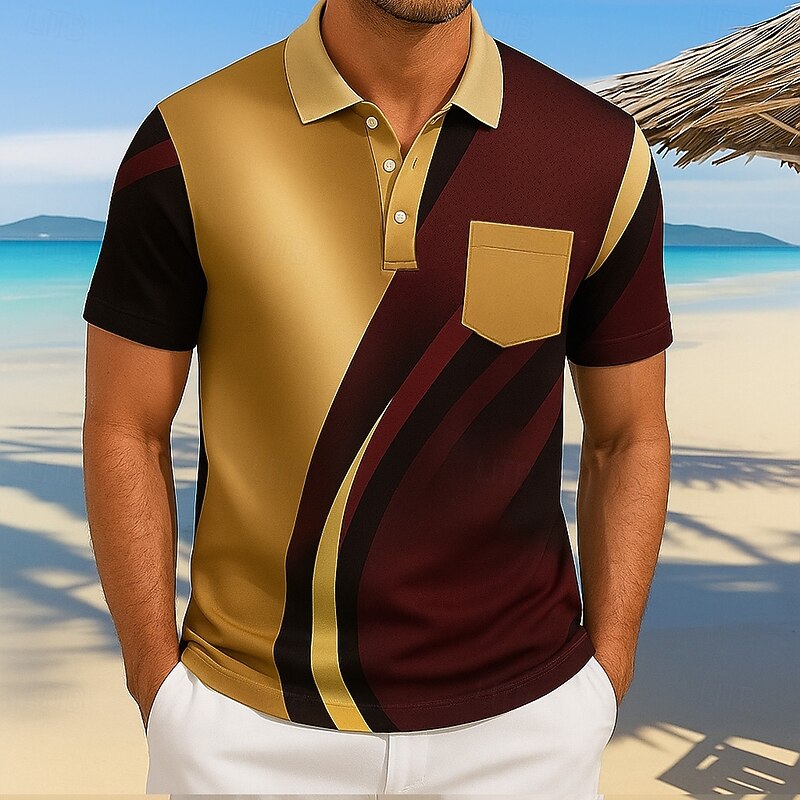 Men's Abstract Line Polo Short Sleeve Polo Shirts Collared Shirts Casual Resort Outdoor Athleisure Daily Wear Pocket 3D Print Buttons Summer Dark Brown Gray2