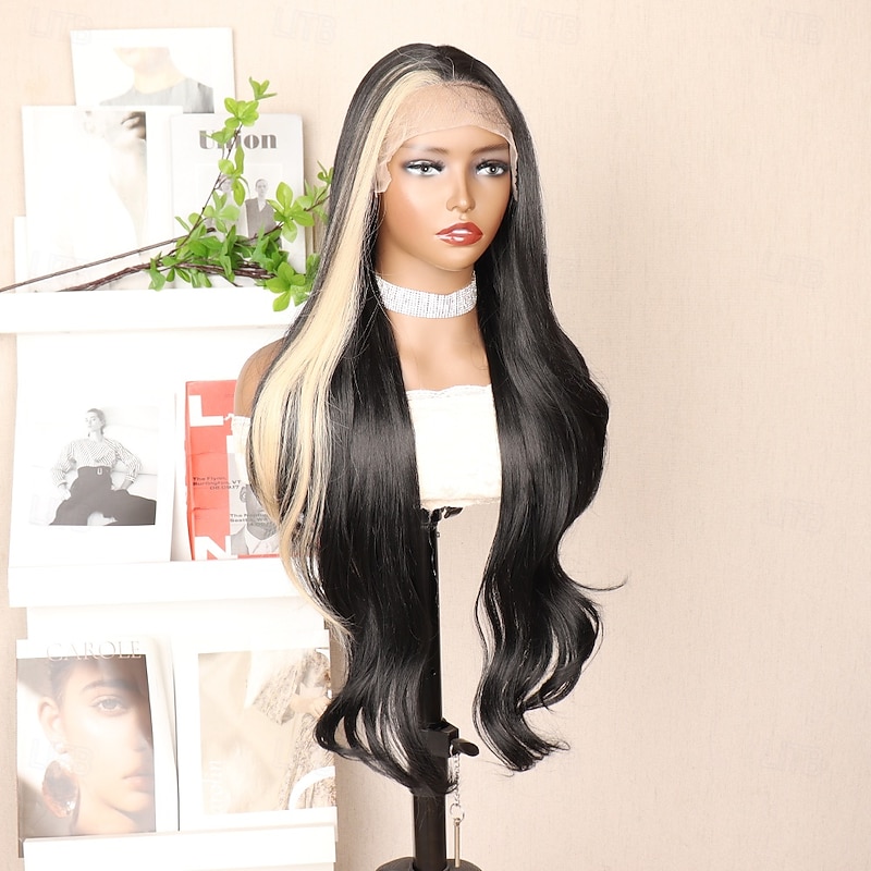 Synthetic Lace Wig Body Wave Style 30 inch Mixed Color Middle Part 13x6 Lace Front Wig Women's Wig Black & White3