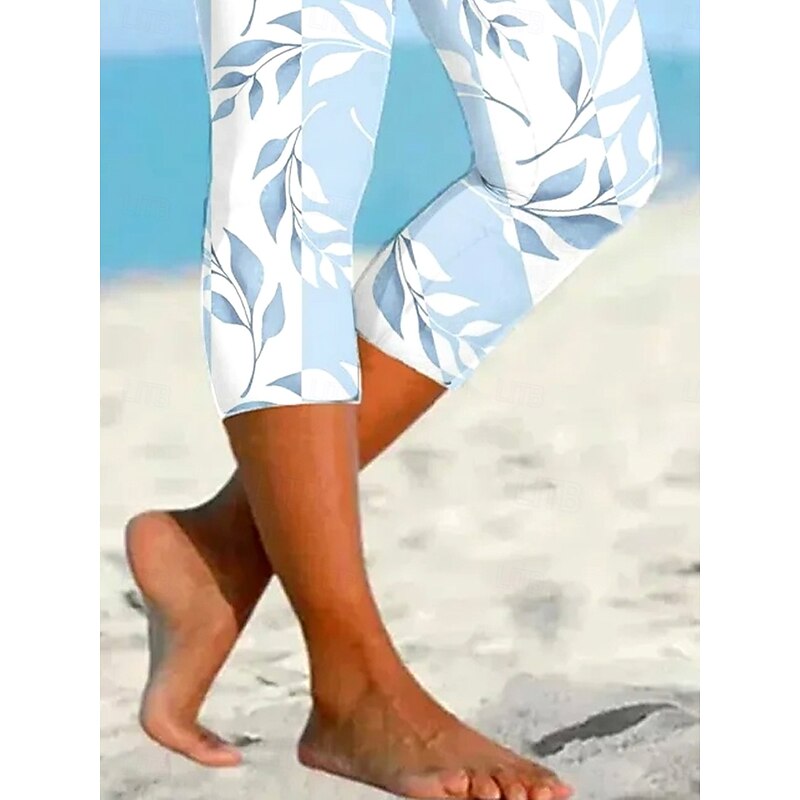 Women's Leggings Capri Pants High Elasticity Vacation Fashion Hawaiian Calf-Length Mid Waist Floral Graphic Leaf Printing Breathable Soft  Vacation Casual Daily Baby blue Summer Spring Regular Fit3