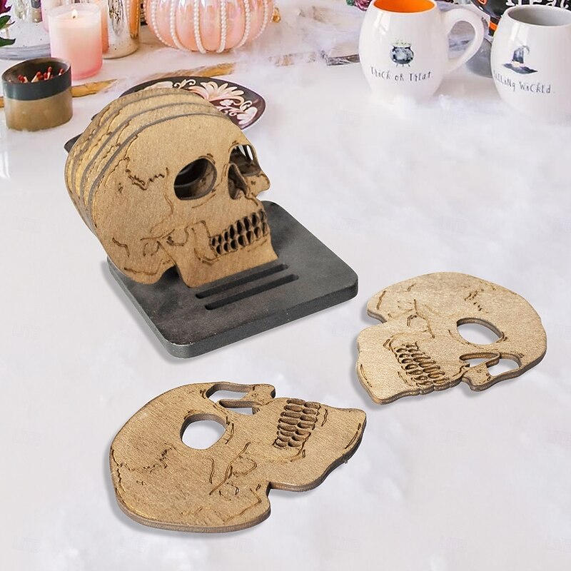 Halloween Wooden Skull Coasters Set of 6 with Holder, Spooky Tabletop Decorations for Party, Festival Dinner, Haunted House or Bar Decor