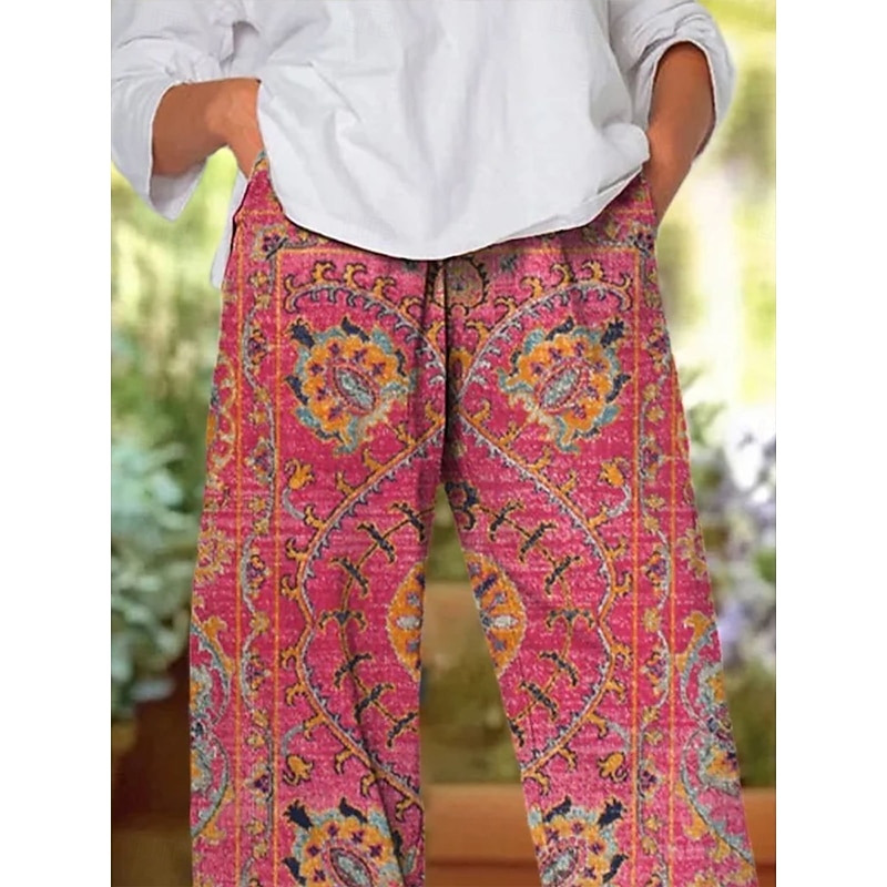 Women's Chinos Baggy Pants Vacation Vintage Ethnic Style Ankle-Length High Waist Graphic Geometric Paisley Drawstring Patchwork Printing Breathable Micro-elastic Vacation Casual Daily Magenta Summer2