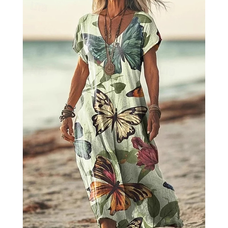 Women's Midi Dress Floral Dress Print Dress Classic Modern Vacation Holiday Weekend Regular Fit Flower Short Sleeve V Neck Yellow Green Khaki Apricot Summer - Main Image