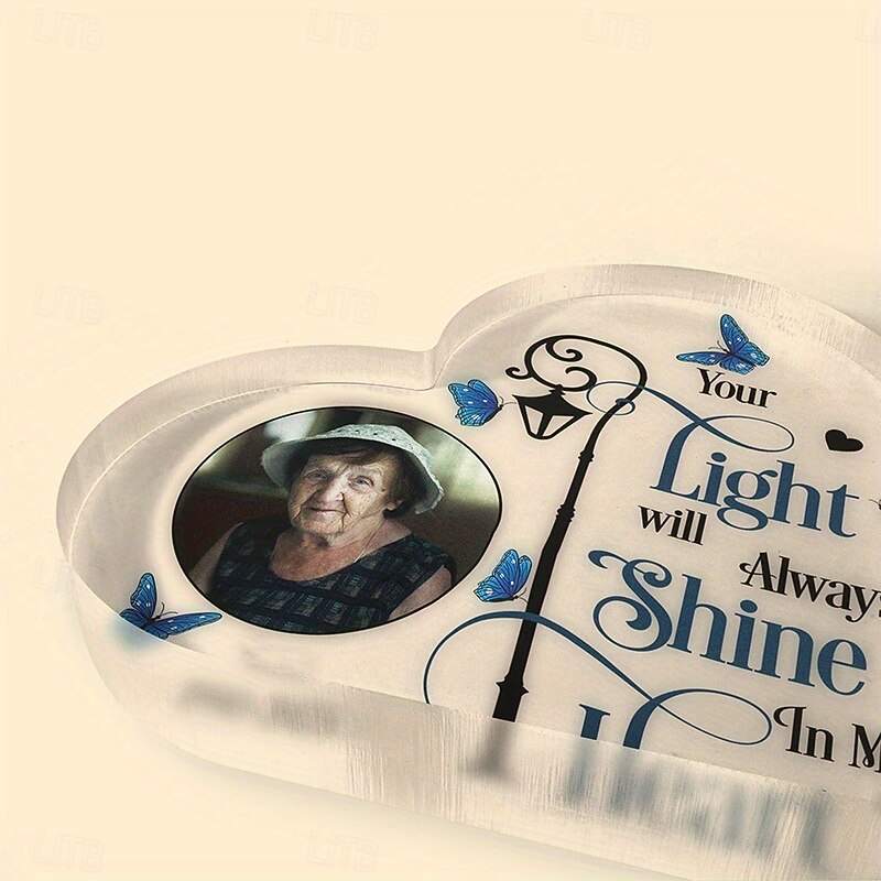 Personalized Heart Memorial Plaque with Custom Photo, Acrylic Sympathy Gift for Loved One Loss, "Your Light Will Always Shine in My Heart" Tabletop Decor3