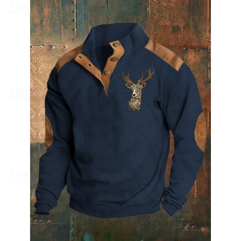 Men's Sweatshirt Black Navy Blue Brown Khaki Standing Collar Graphic Reindeer Print Daily Holiday Going out Polyester Vintage Streetwear Casual Fall Winter Clothing Apparel Hoodies Sweatshirts  Long4