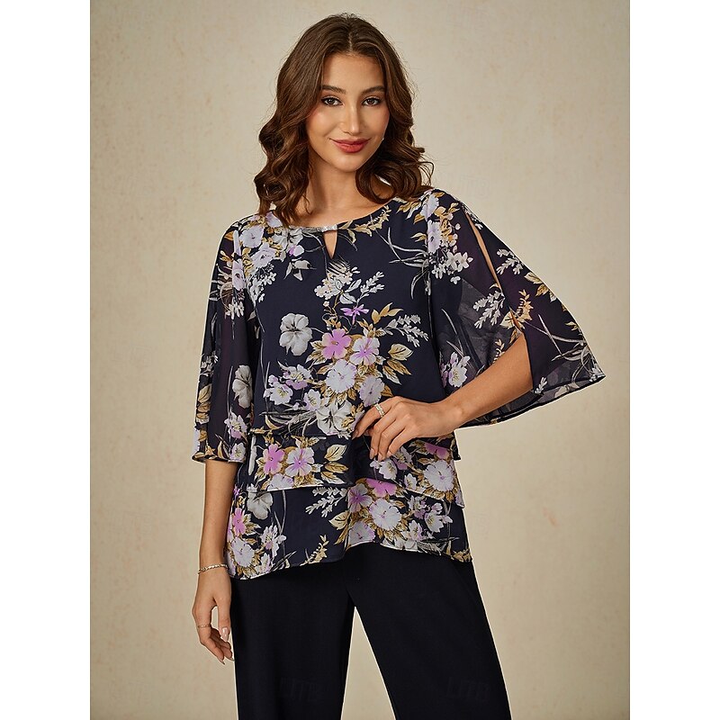 Women's Blouse Chiffon Tops Floral Graphic Elegant Daily Stylish Half Sleeve Crew Neck Regular Tops Wedding Guest Daily Semi Formal Layered Cut Out Print Navy Blue Summer Spring Fall4