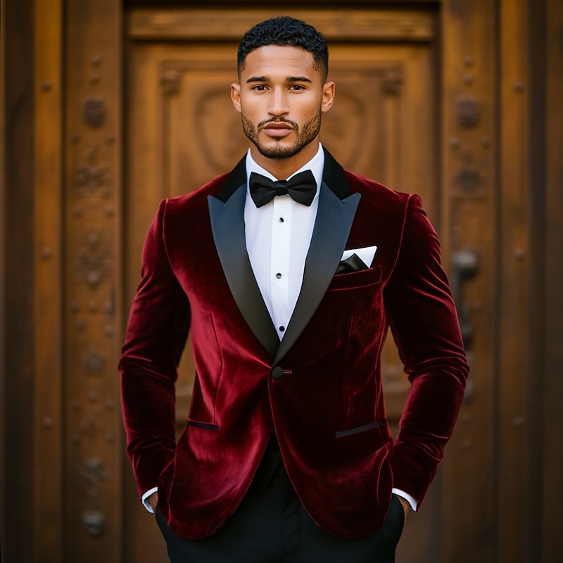 Men's Blazer Blazer Party Formal Evening Vintage Solid Colored Single Breasted One-button Regular Fit Polyester Men's Suit Burgundy - Peaked Lapel2