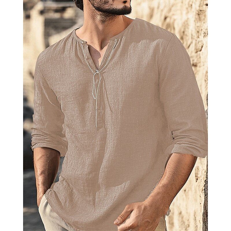 Men's Shirt Linen Shirt Popover Shirt Casual Shirt Cotton Shirt Plain Vacation Hawaiian Black White Brown Green Long Sleeve V Neck Spring Fall Clothing Apparel4
