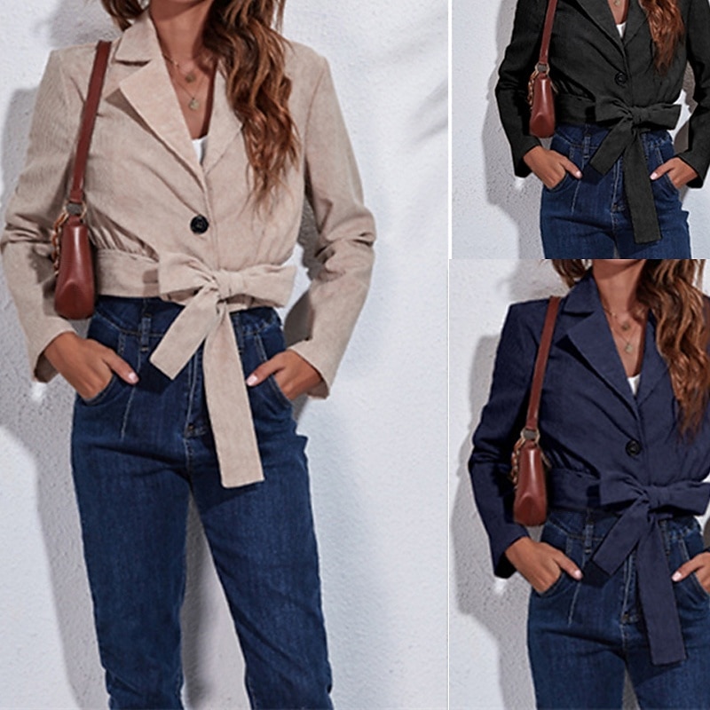 Women's Blazer Comfortable Print Corduroy Elegant Fashion Outdoor Plain Going out Casual Daily Weekend Cardigan Regular Lapel Regular Fit Long Sleeve Outerwear Navy Black Khaki Spring Fall