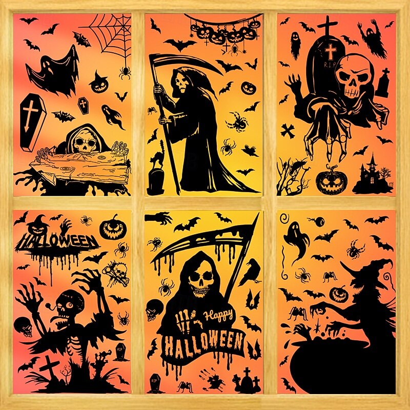 6 Sheets Halloween Window Cling Sticker Decals Decorations Double Side, Pumpkin Ghost Skull Static Stickers with Happy Halloween for Glass Window Decor