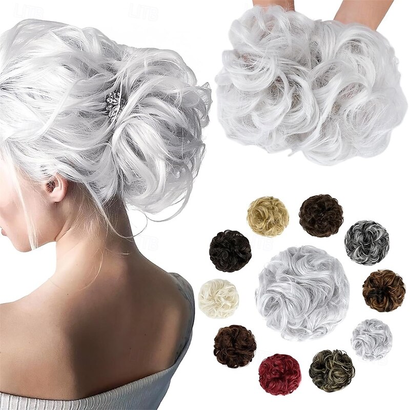 Messy Bun Hair Piece Wavy Curly Scrunchies Fluffy Donut Thick Updo Elegant Chignon Hairpieces for Women Girls Silver Grey 1.4oz