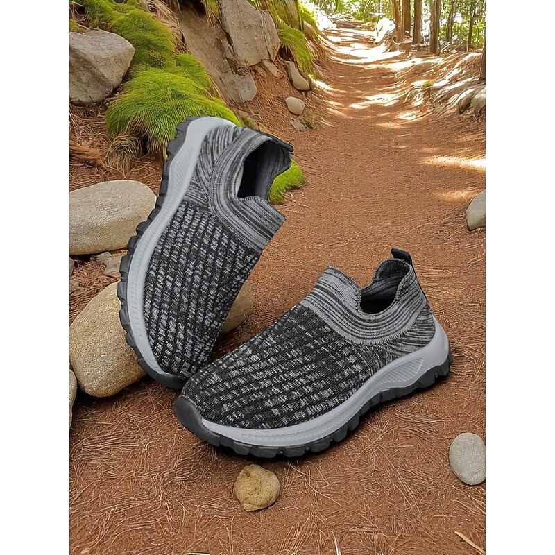 Women's Black Flyknit Trail Running Sneakers – Slip-On Hiking Shoes with Cushioned Grip Sole for Outdoor Adventure and Forest Walks4