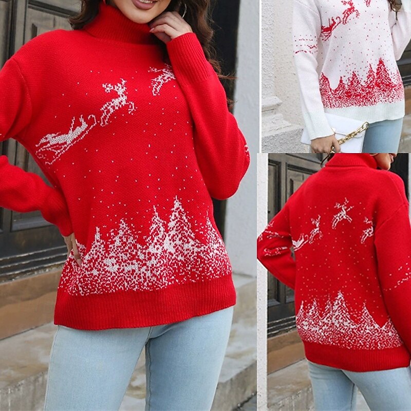 Women's Pullover Casual Reindeer Chunky Turtleneck Knitted Long Sleeve Regular Tops Knit Christmas Daily Holiday White Red Fall Winter