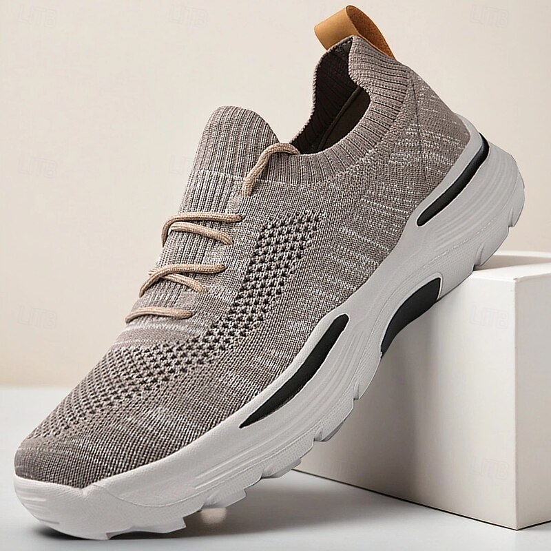 Men's Beige Flyknit Running Sneakers Slip-On Athletic Shoes with Cushioned Sole Perfect for Outdoor Fitness Light Exercise and All-Day Comfort