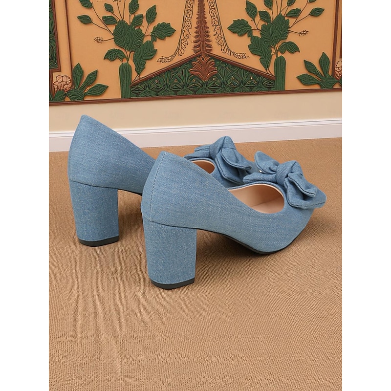 Women's Light Blue Bow Block Heel Pumps – 1950s Vintage Pointed Toe Denim Fabric Heels for Office, Weddings, and Daily Wear3