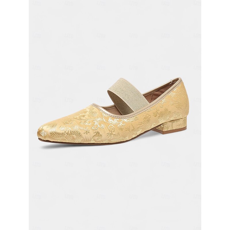 Women's Gold Jacquard Mary Jane Flats with Elastic Strap – 1950s Elegant Vintage-Style Low Heel Shoes for Weddings, Tea Parties and Formal Occasions4