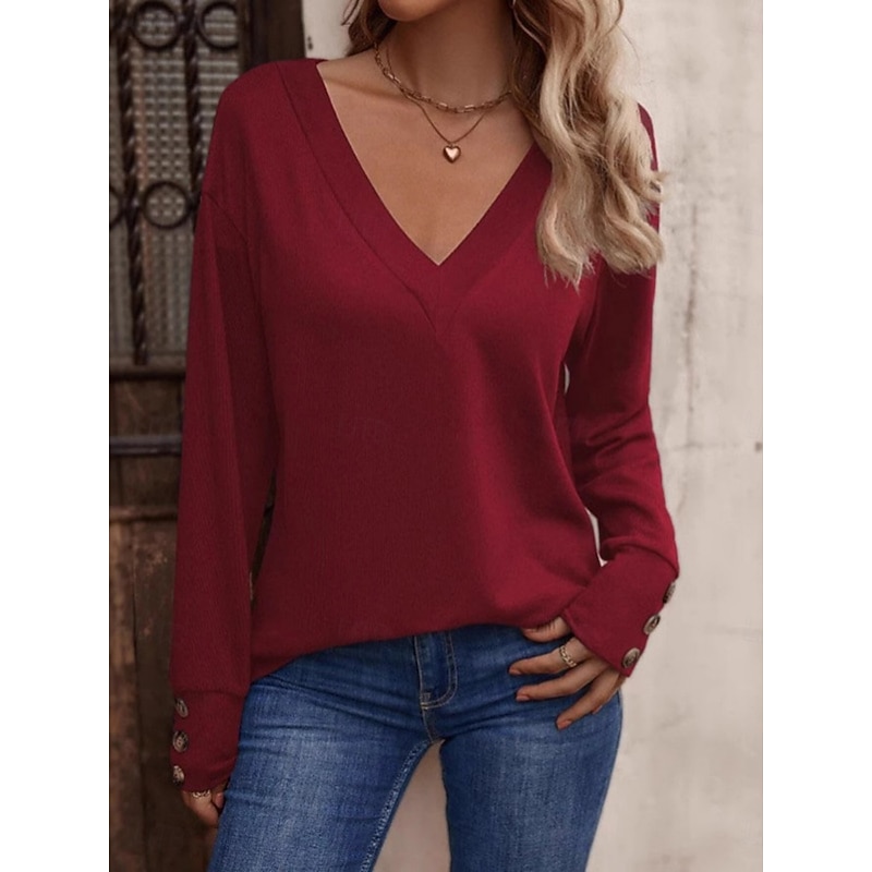 Women's Blouse Solid Color Stylish Casual Long Sleeve V Neck Regular Tops Daily Buttons Black White Wine Army Green Navy Blue Spring Fall4