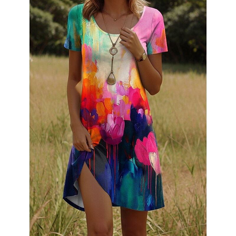 Women's Mini Dress T Shirt Dress Tee Dress Sundress Vacation Casual Going out Regular Fit Floral Graphic Abstract Short Sleeve Crew Neck Red Blue Green Summer - Main Image