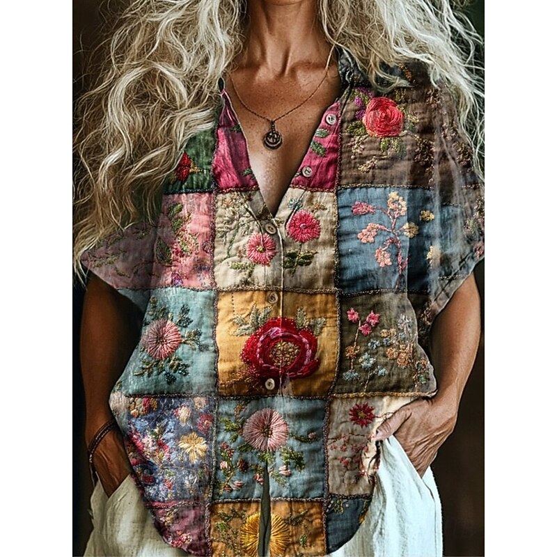 Women's Shirt Long Sleeve Button Down Blouse Floral Graphic Bohemia Vintage Tropical Short Sleeve Shirt Collar Regular Tops Daily Pink Red Light Brown Orange Green Summer Spring2