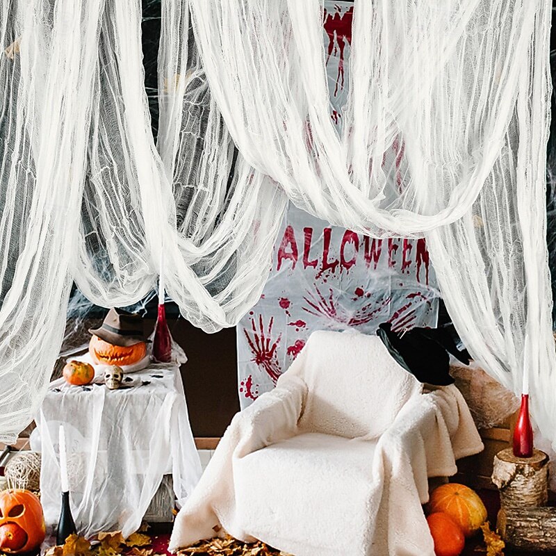 Halloween Creepy Cloth 7 x 33 ft (2.15 x 10m) Torn Gauze Fabric, Blood Stain Hanging Decoration, Spooky Haunted House Outdoor Yard Scene Prop, Ghost Party Atmosphere Drapes2