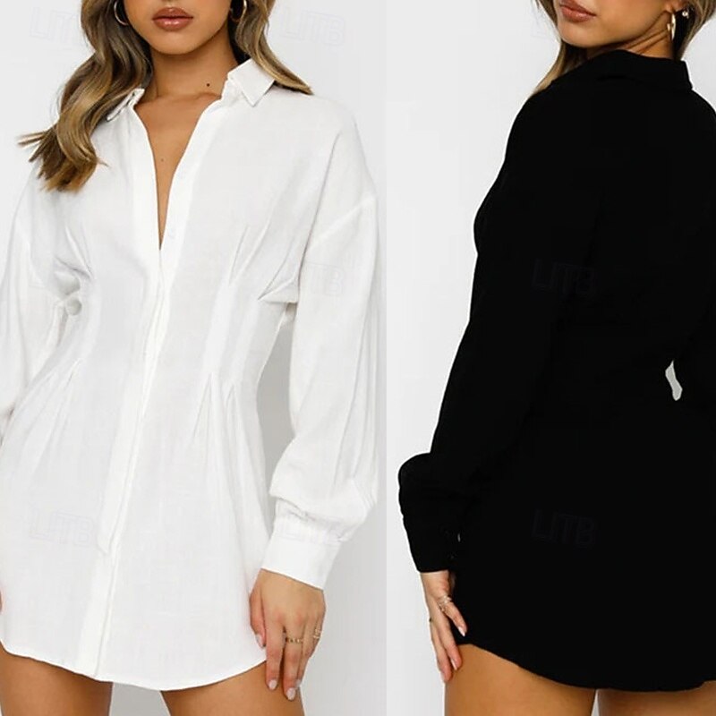 Women's Mini Dress Shirt Dress Classic Modern Vacation Daily Going out Regular Fit Plain Long Sleeve Shirt Collar Black White Summer