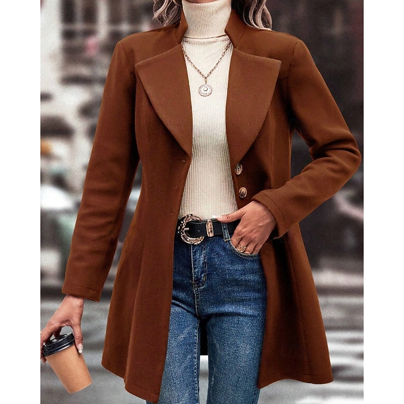 Women's Coat Warm Comfortable Buttons Fashion Plain Street Holiday Single Breasted Long Turndown Regular Fit Long Sleeve Outerwear Black Apricot Coffee Fall Winter4