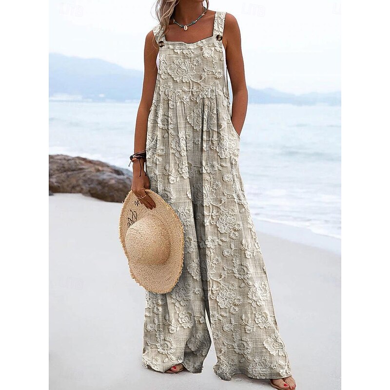 Women's Dungarees Active Floral Sleeveless Wide Leg Vacation Street Loose Fit Blue Purple Green Summer