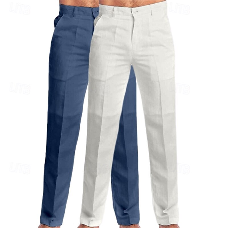 Men's Dress Pants Linen Pants Trousers Summer Pants Beach Pants Straight Leg Plain Comfort Full Length Outdoor Casual Daily Streetwear Stylish White+Dark Gray White+Navy Blue2