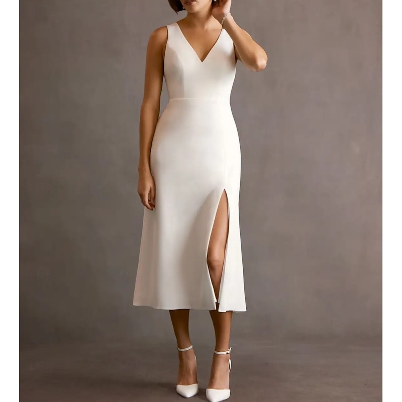 Engagement Little White Dresses Wedding Dresses A-Line V Neck Sleeveless Tea Length Stretch Fabric Bridal Gowns With Bow(s) Split Front