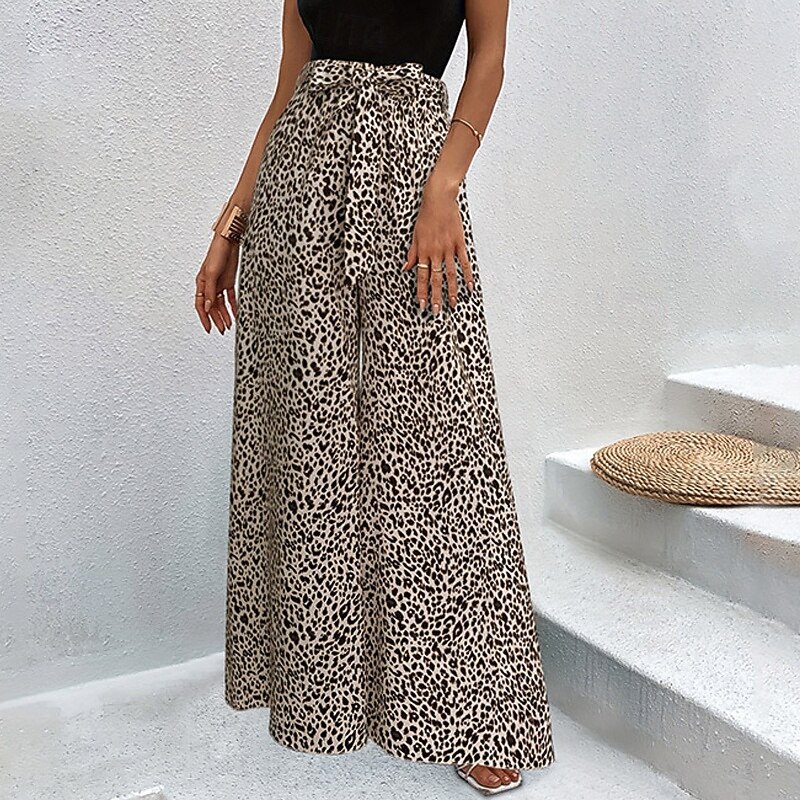 Women's Wide Leg Pants Trousers Streetwear Casual Long High Waist Leopard Elastic Waist Breathability Soft Micro-elastic Vacation Street Daily Wear Brown Summer Regular Fit2