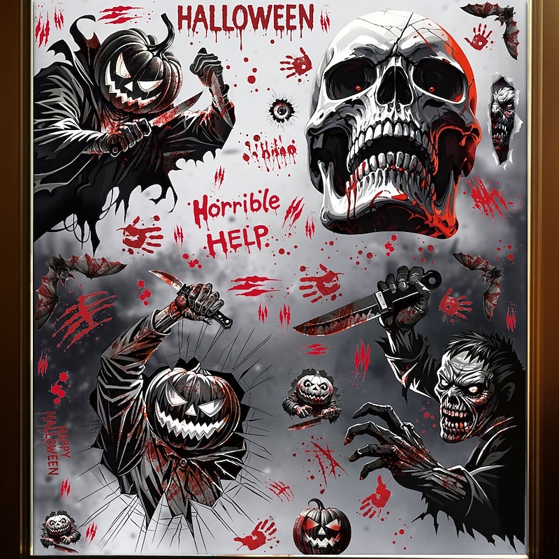 8 Sheets Halloween Window Cling Sticker Decals Decorations Double Side, Scary Pumpkin Skull Bloody Handprint Bat Static Stickers for Glass and Halloween Party Decor2
