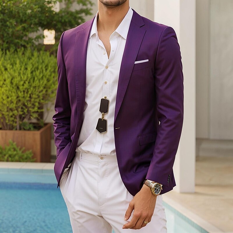 Men's Blazer Jacket Sport Coat Notch Collar Casual Solid Colored Blazer Grape Navy Blue Royal Blue Standard Fit Single Breasted One-button3